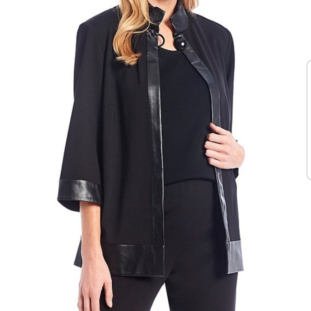 Ming Wang Vegan Leather Trim 3/4 Sleeve Ponte Knit Statement Black Jacket 3X